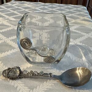 Dary Rees Glass Sugar Bowl with Silver and Clear Glass Bead Accents and Spoon